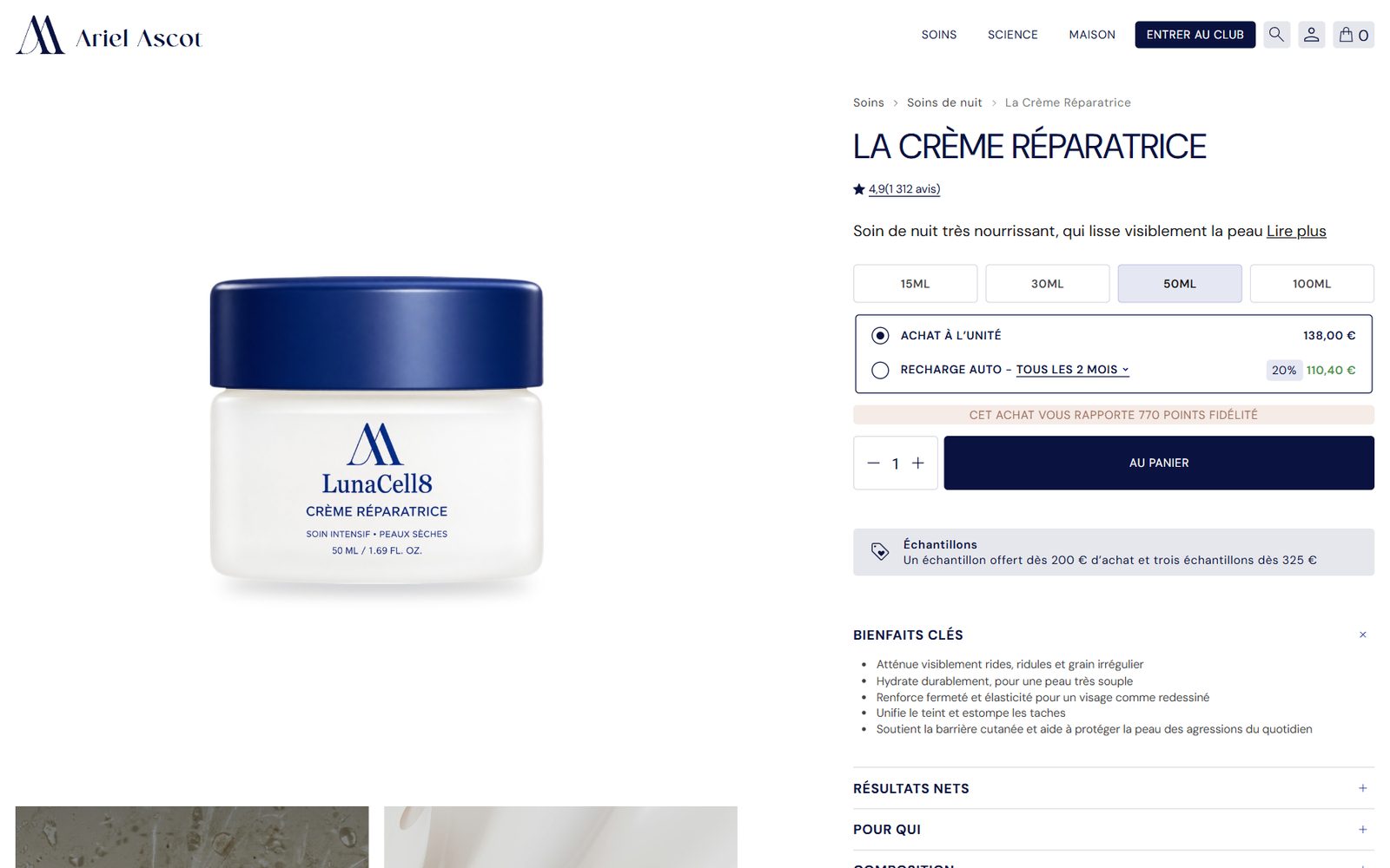 Product page of the Ariel Ascot website: The Recovery Cream, sizes, one-time purchase or refill