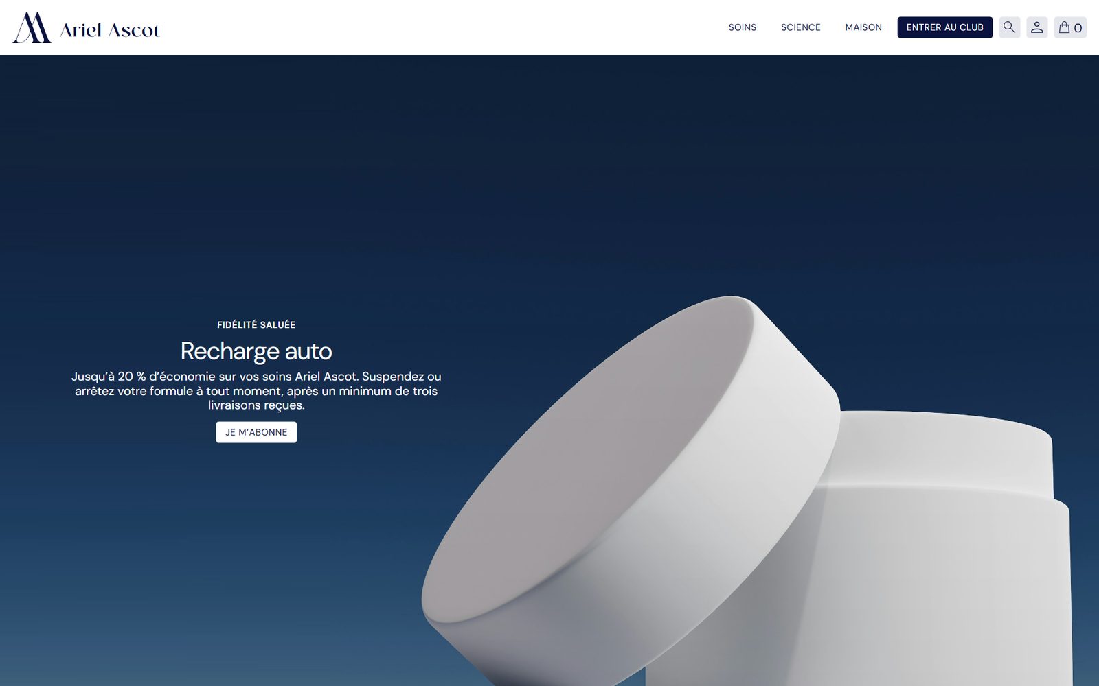 Refill page of the Ariel Ascot website: cream jar against a blue background