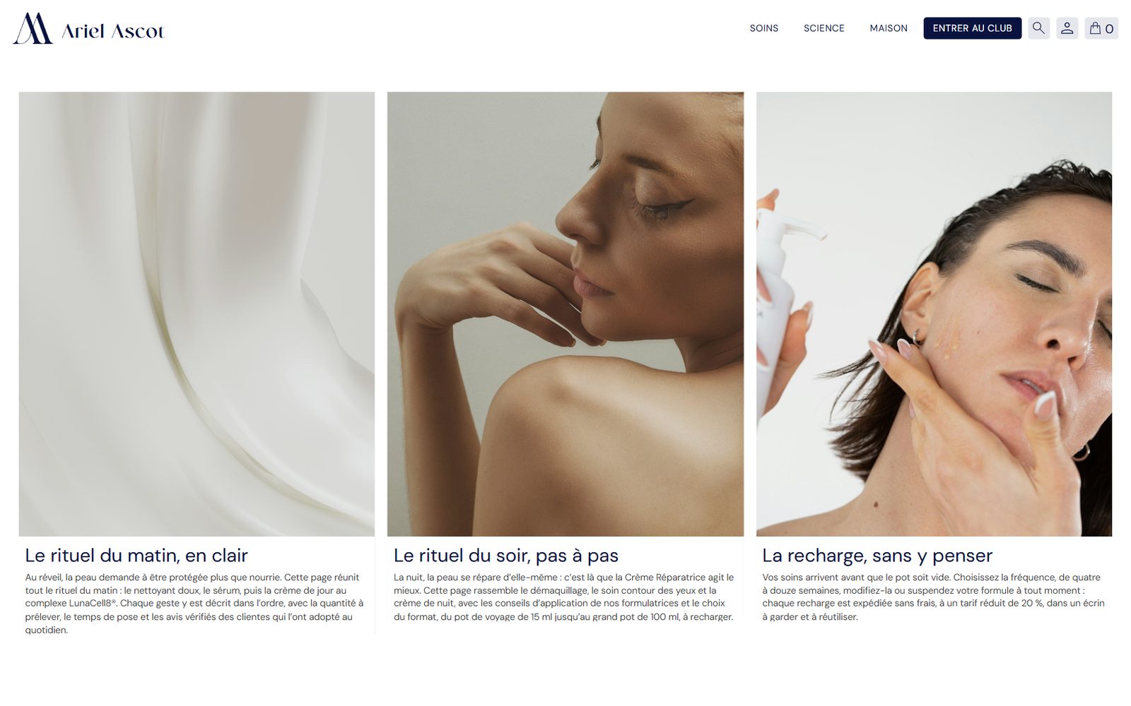 Rituals page of the Ariel Ascot website: morning, evening and refills