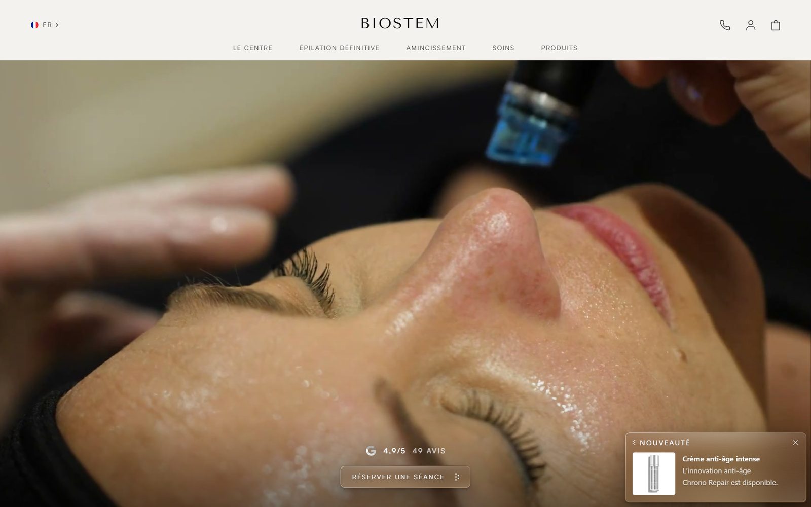 Page d'accueil du site Biostem, institut de soins : bannière soin du visage
