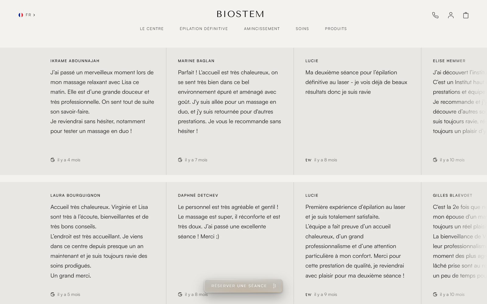 Page des avis clients du site Biostem