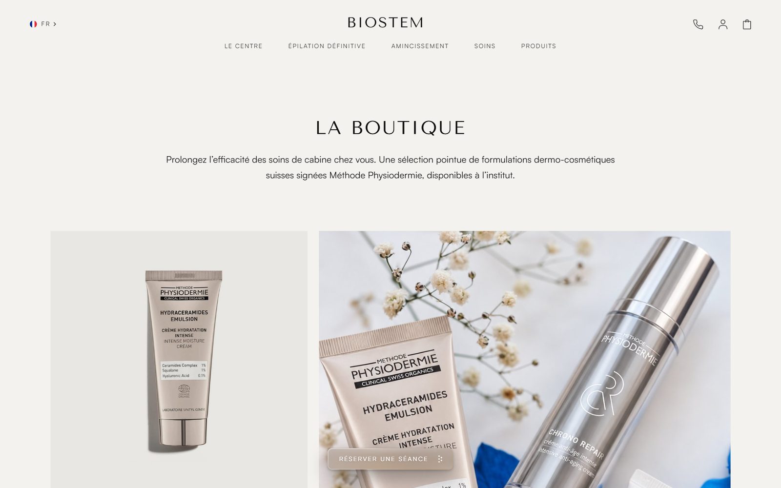 Page Boutique du site Biostem : produits cosmétiques