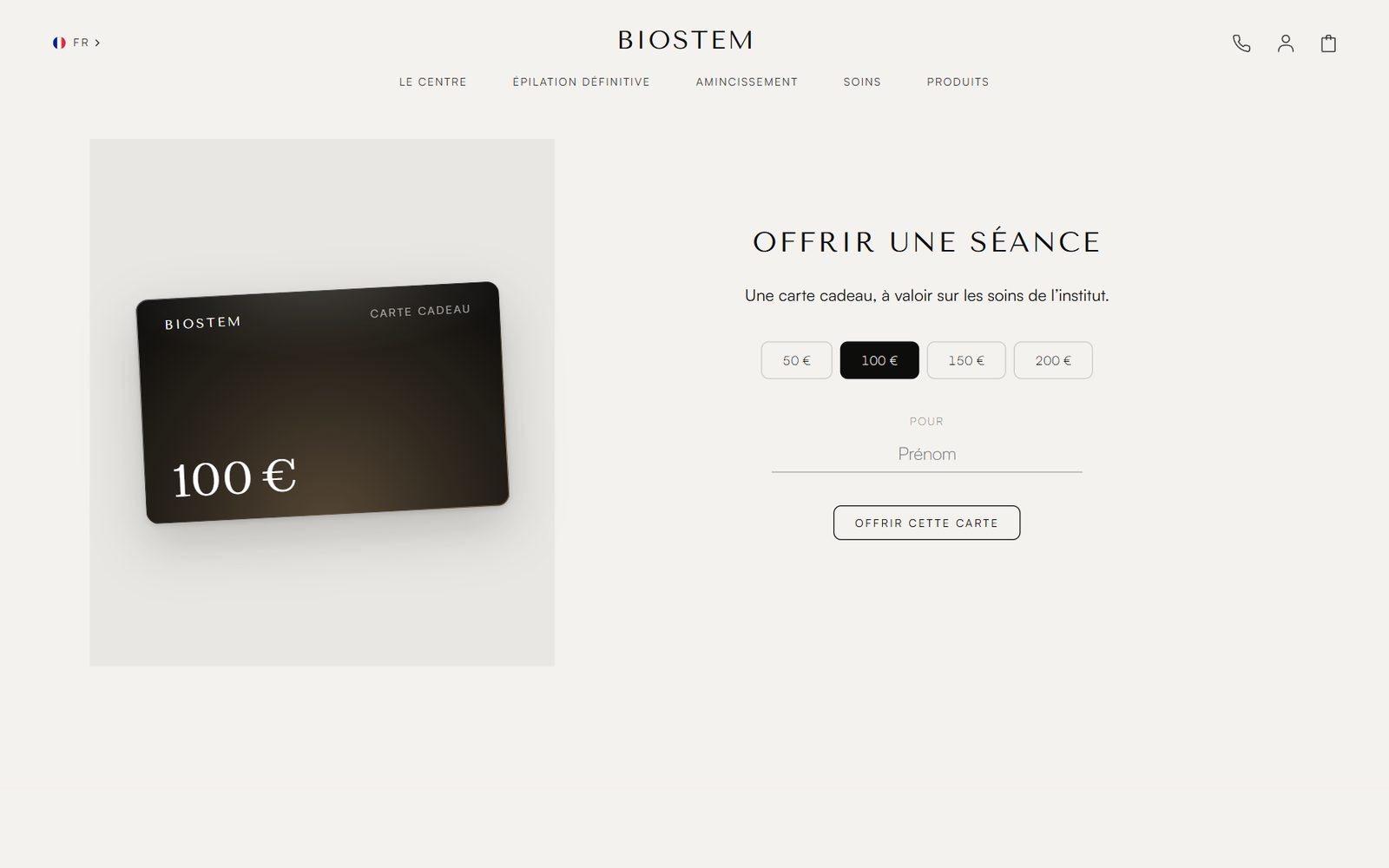 Page Carte cadeau du site Biostem