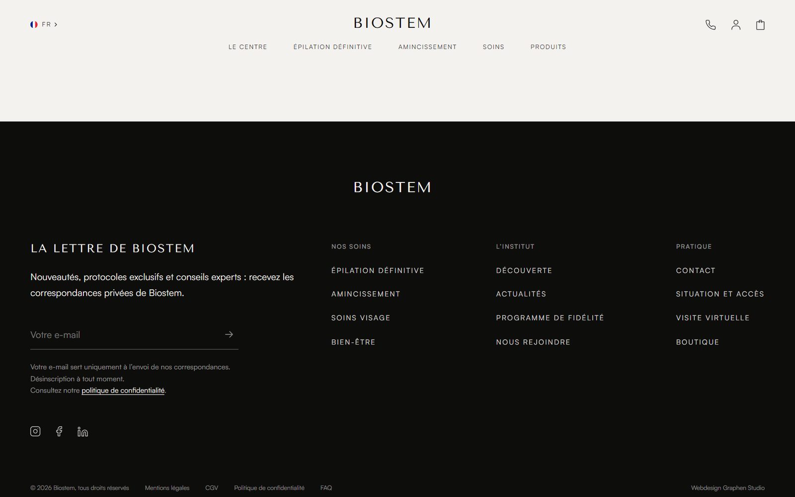 Lettre d'information et pied de page du site Biostem