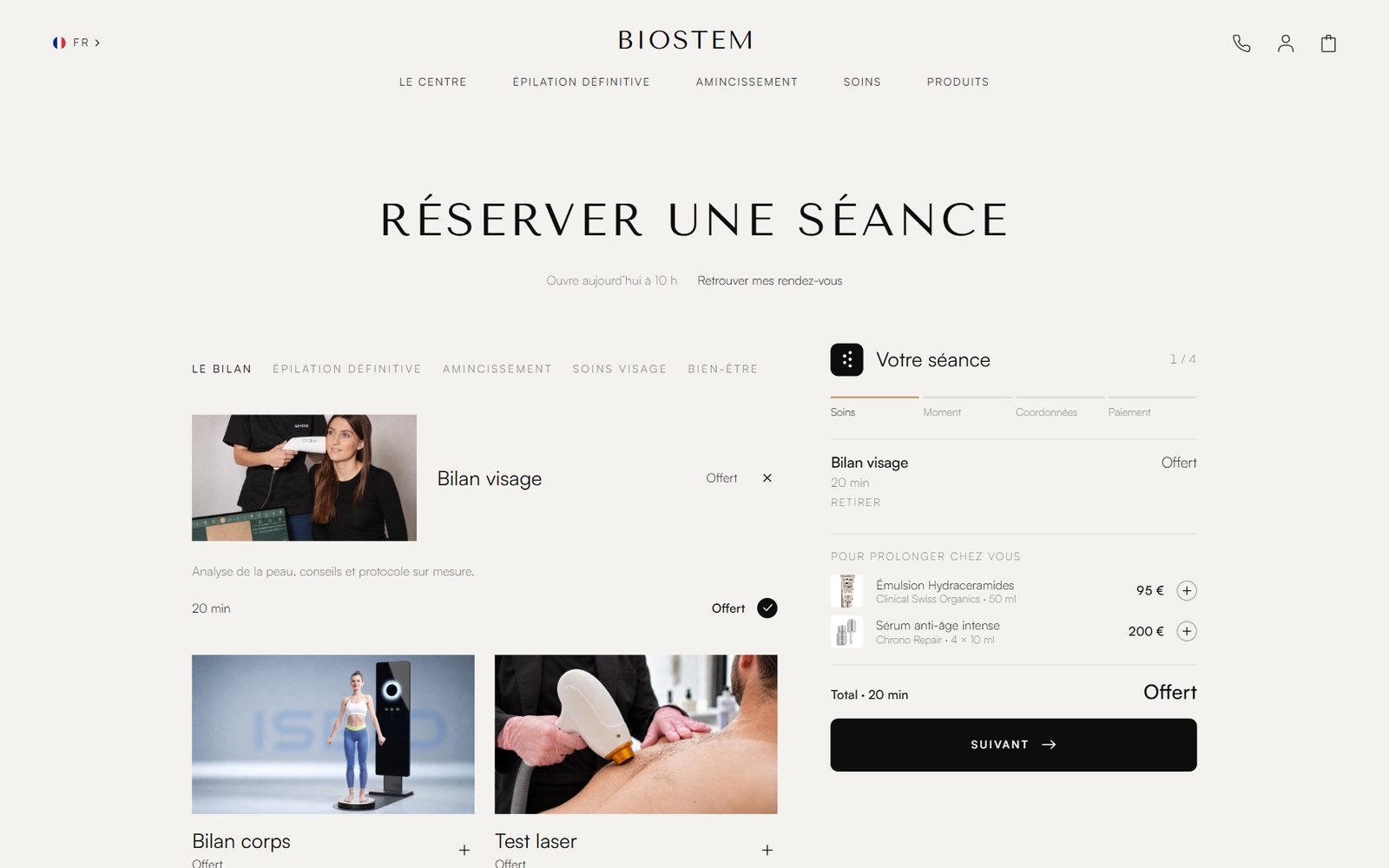 Page Réserver une séance du site Biostem