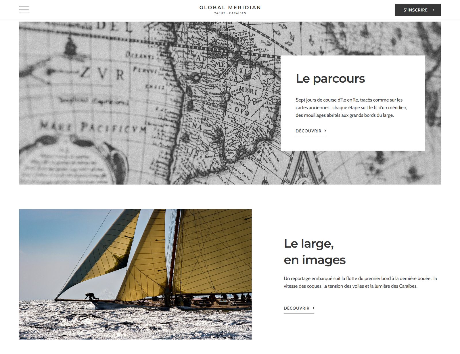 Homepage of the Global Meridian Yacht website: the regatta course inspired by Caribbean explorers on an antique nautical chart