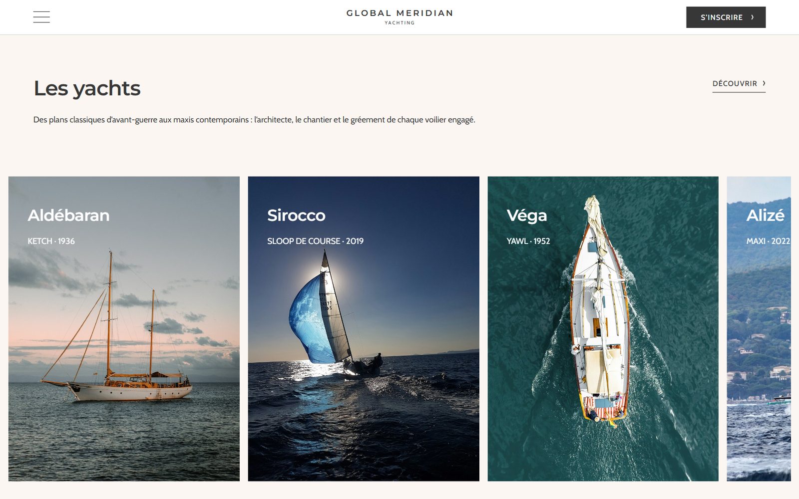 The Yachts section of the Global Meridian Yacht website: Aldébaran, Sirocco, Véga, Alizé