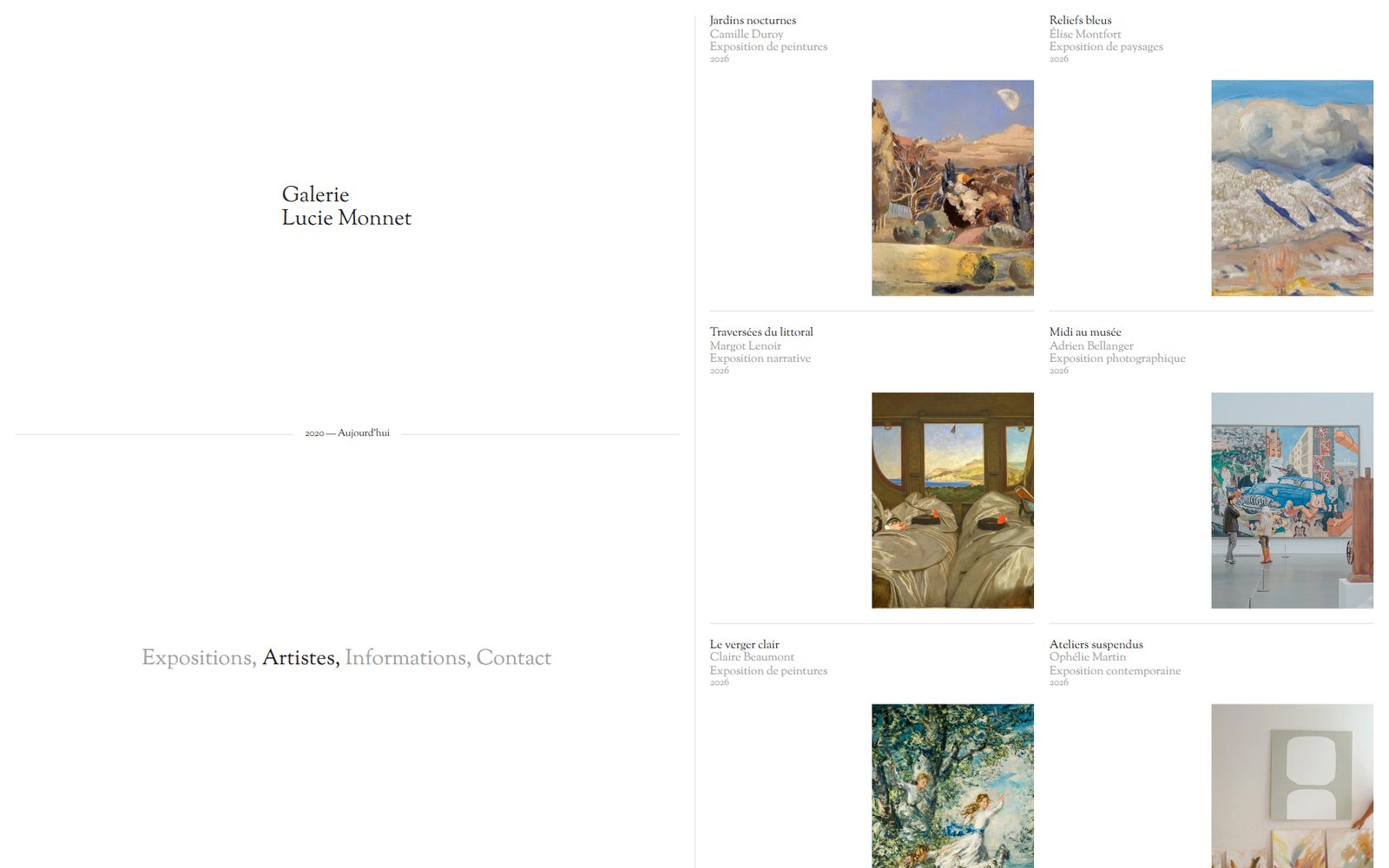 Kunstenaarspagina van de website van Galerie Lucie Monnet: tentoonstellingen per kunstenaar
