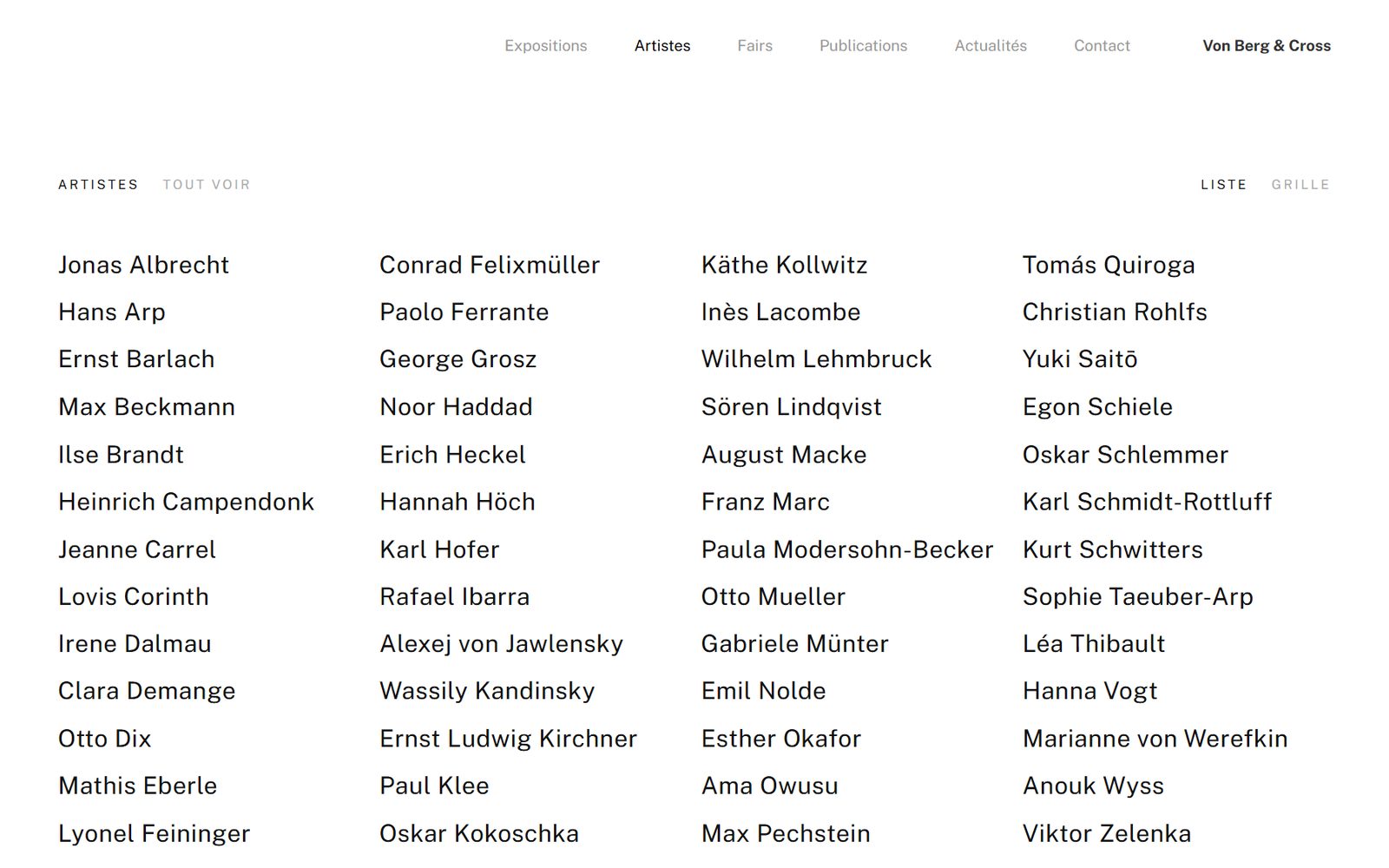 Artists page of the Von Berg & Cross website: four-column artists roster