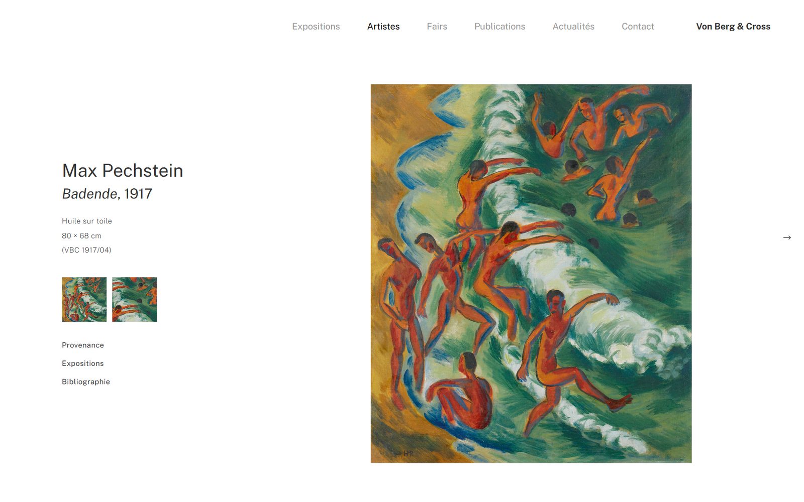 Artwork page on the Von Berg & Cross website: Max Pechstein, Badende (1917)