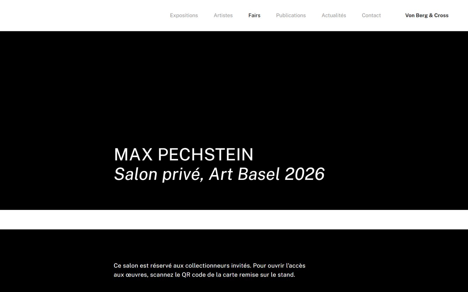 Private Viewing Room entrance on the Von Berg & Cross website: Private Salon, Art Paris 2026, invitation access by QR code