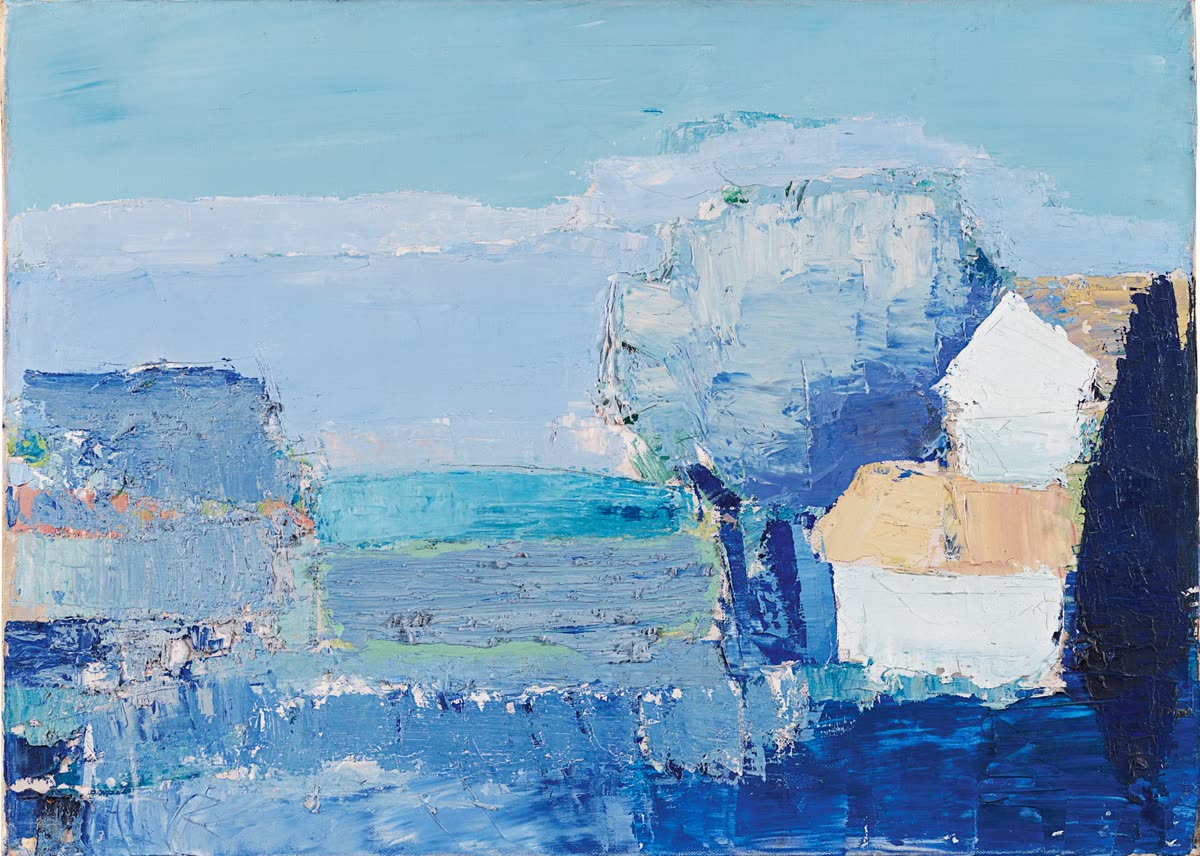 Peinture abstraite à l’huile en empâtements bleus, paysage côtier avec maisons blanches et ocre