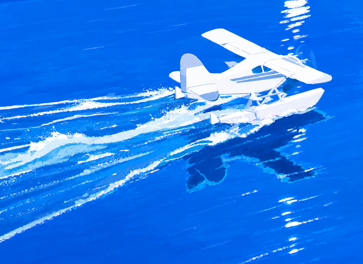 Illustration d’un hydravion blanc glissant sur une mer bleu vif en laissant un sillage d’écume