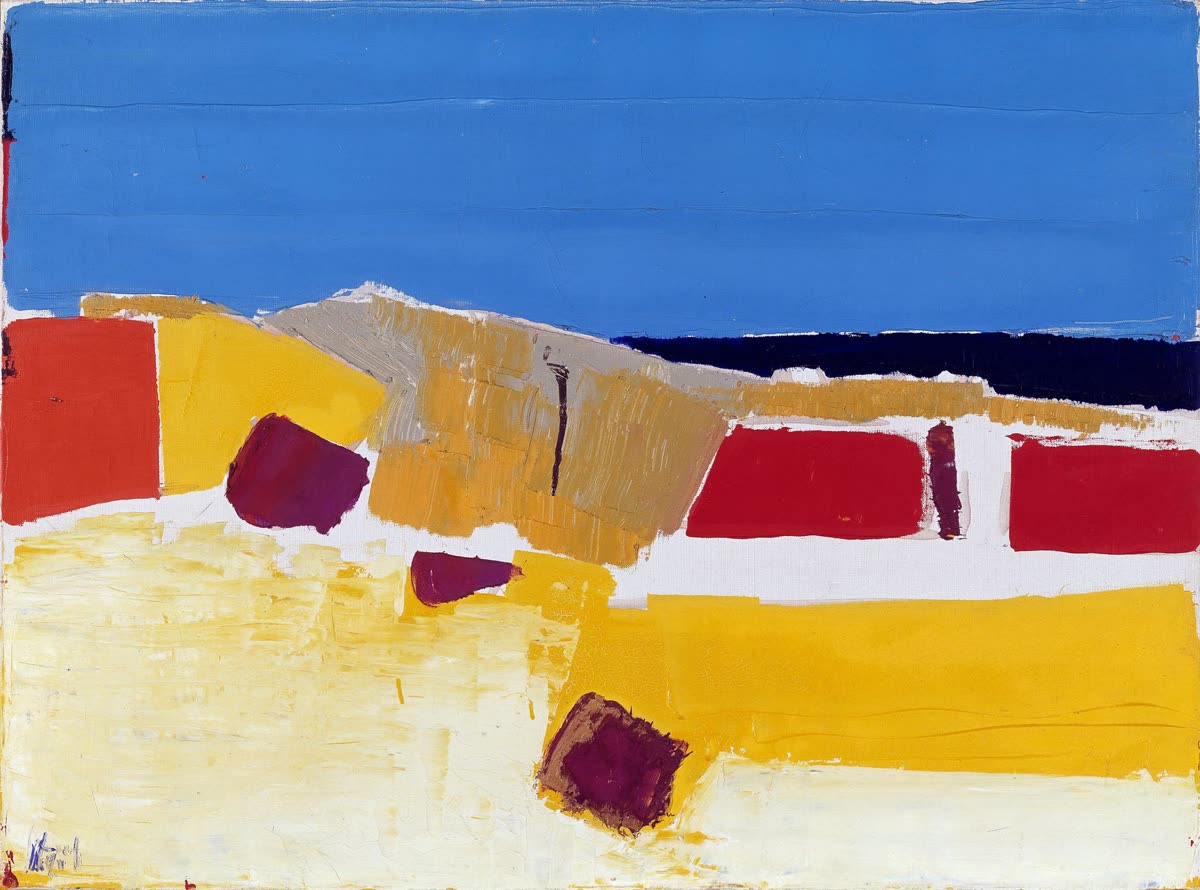 Peinture abstraite en aplats de couleur : ciel bleu, bandes jaunes, blocs rouges et violets