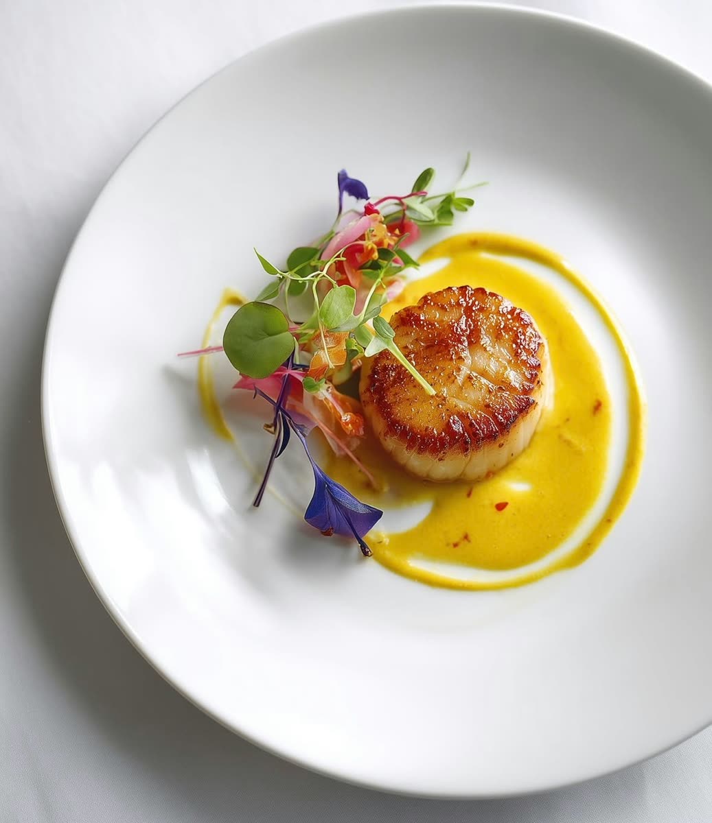 Noix de Saint-Jacques snackée sur sauce jaune, pousses et fleurs comestibles dans une assiette blanche