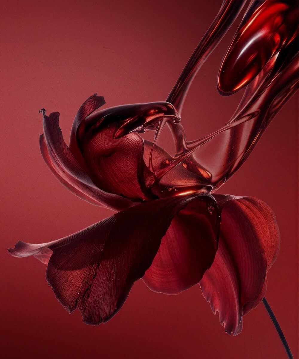 Fleur rouge sombre enlacée de verre fondu rouge translucide, sur fond bordeaux