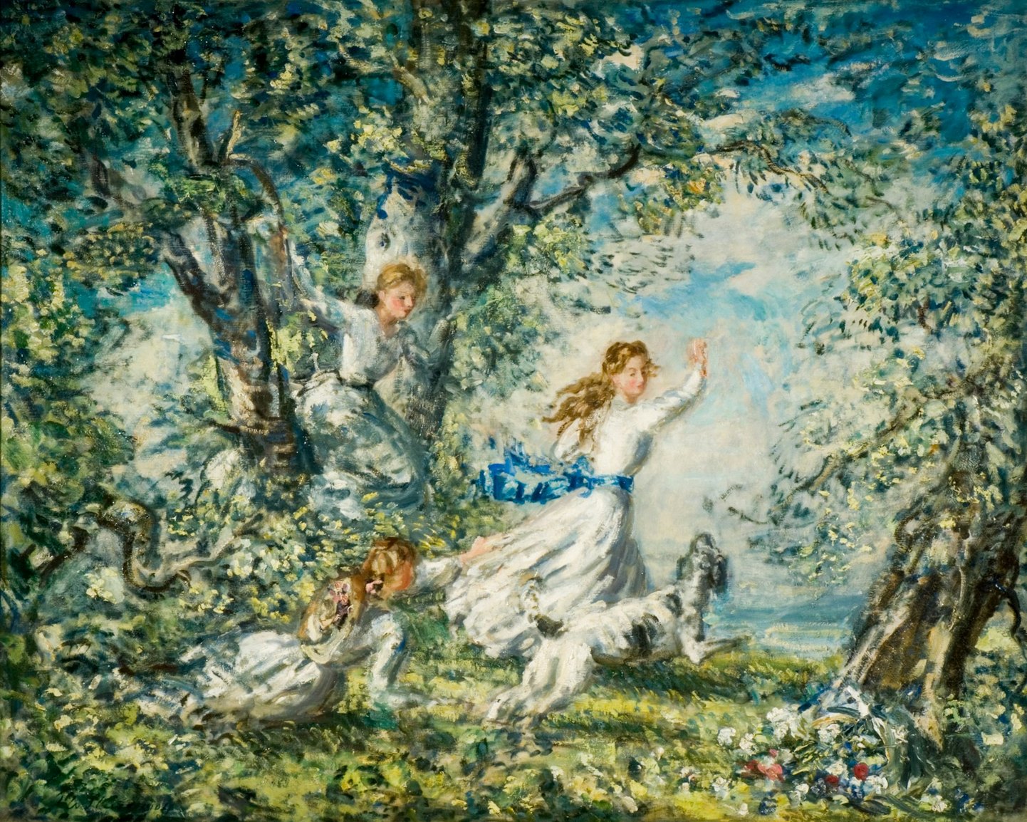 Figuren in een lichte boomgaard voor de tentoonstelling De Heldere Boomgaard