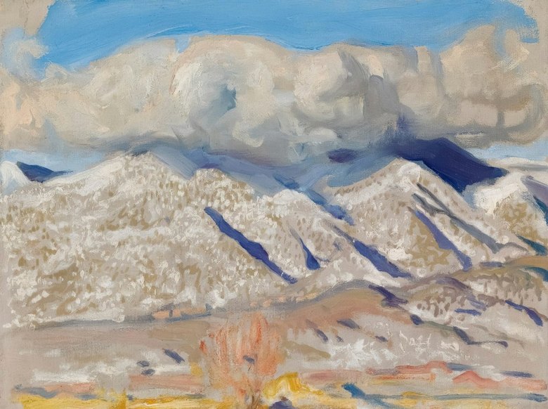 Blauw berglandschap voor de tentoonstelling Blauwe Reliëfs