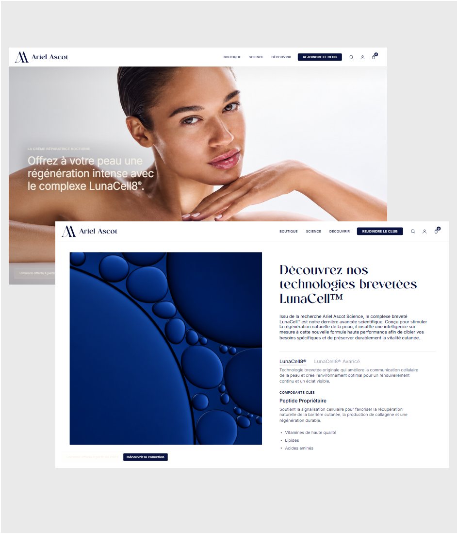 Maquette de webdesign (Ariel Ascot) : Page d'accueil du site Ariel Ascot : campagne LunaCell8 ; Page Science du site Ariel Ascot : technologies brevetées LunaCell
