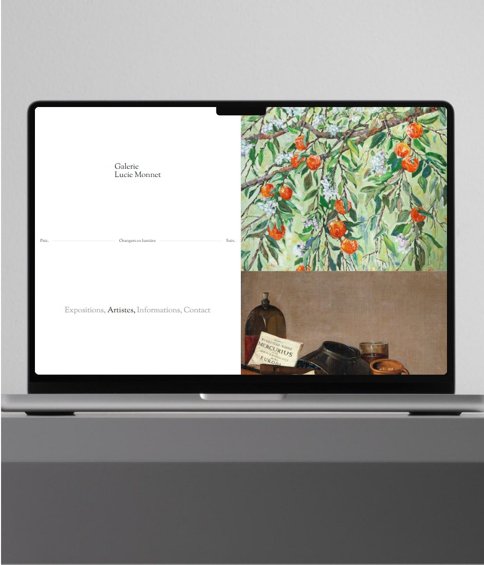 Maquette de webdesign (Galerie Lucie Monnet) : Page d'une œuvre du site de la Galerie Lucie Monnet : Orangers en lumière