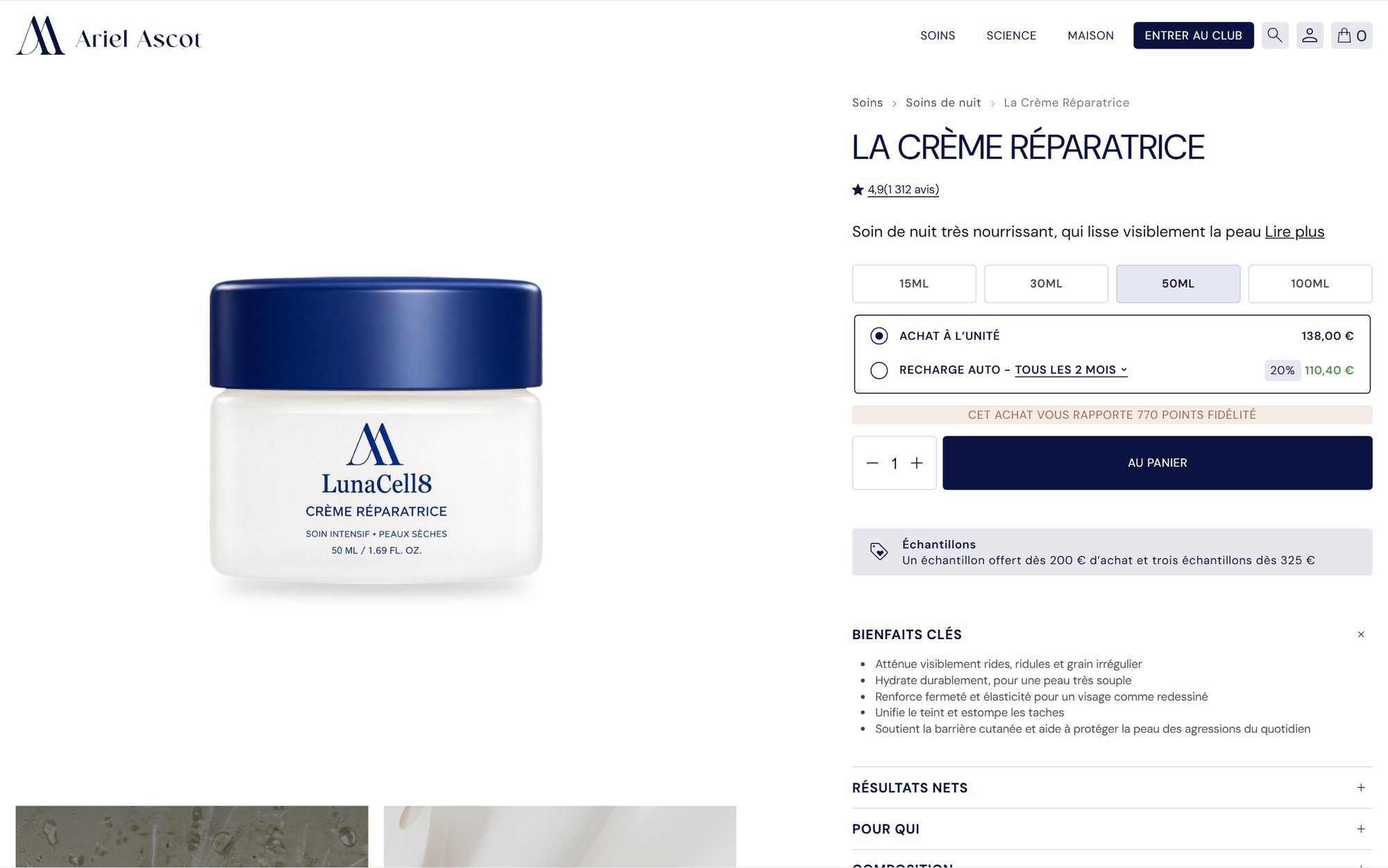 Web design mockup (Ariel Ascot): Product page of the Ariel Ascot website: The Recovery Cream, sizes, one-time purchase or refill