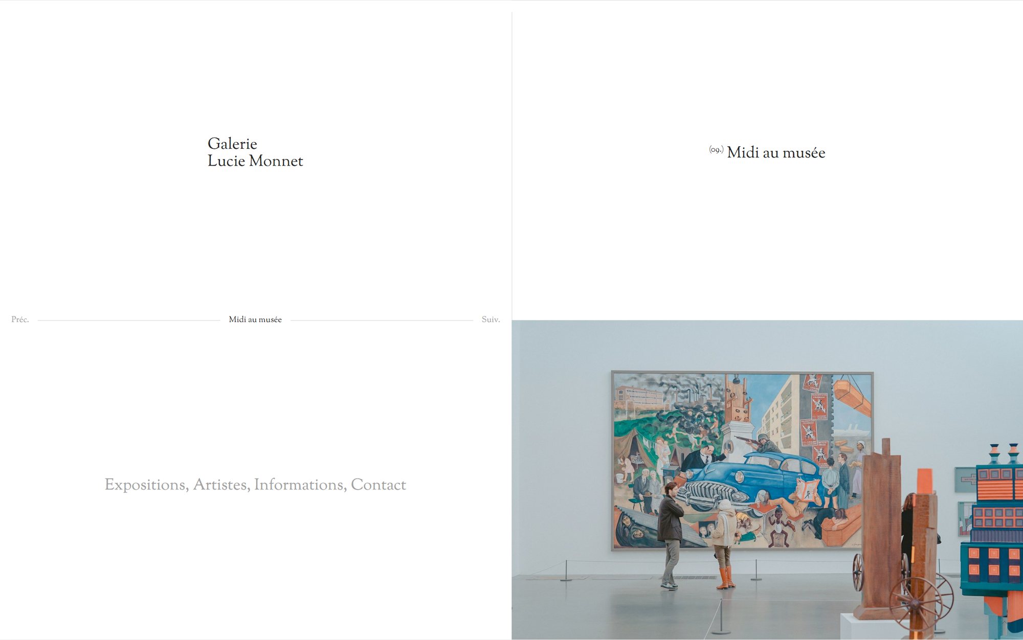 Webdesign mockup (Galerie Lucie Monnet): tentoonstellingspagina van de website van Galerie Lucie Monnet: Middag in het Museum, zaalaanzicht