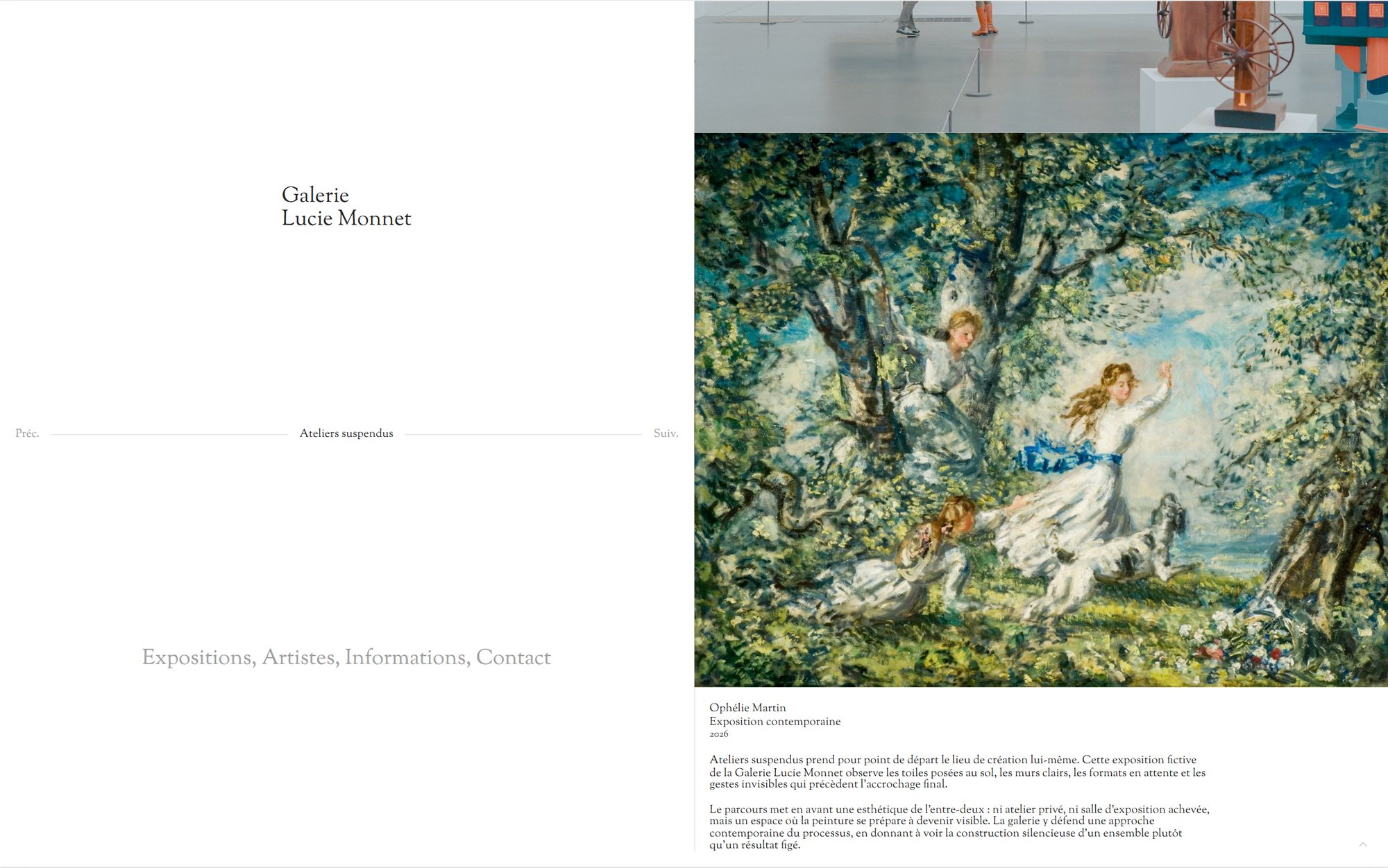 Webdesign mockup (Galerie Lucie Monnet): zaaltekst en toelichting bij een tentoonstelling op de website van Galerie Lucie Monnet: Zwevende Ateliers
