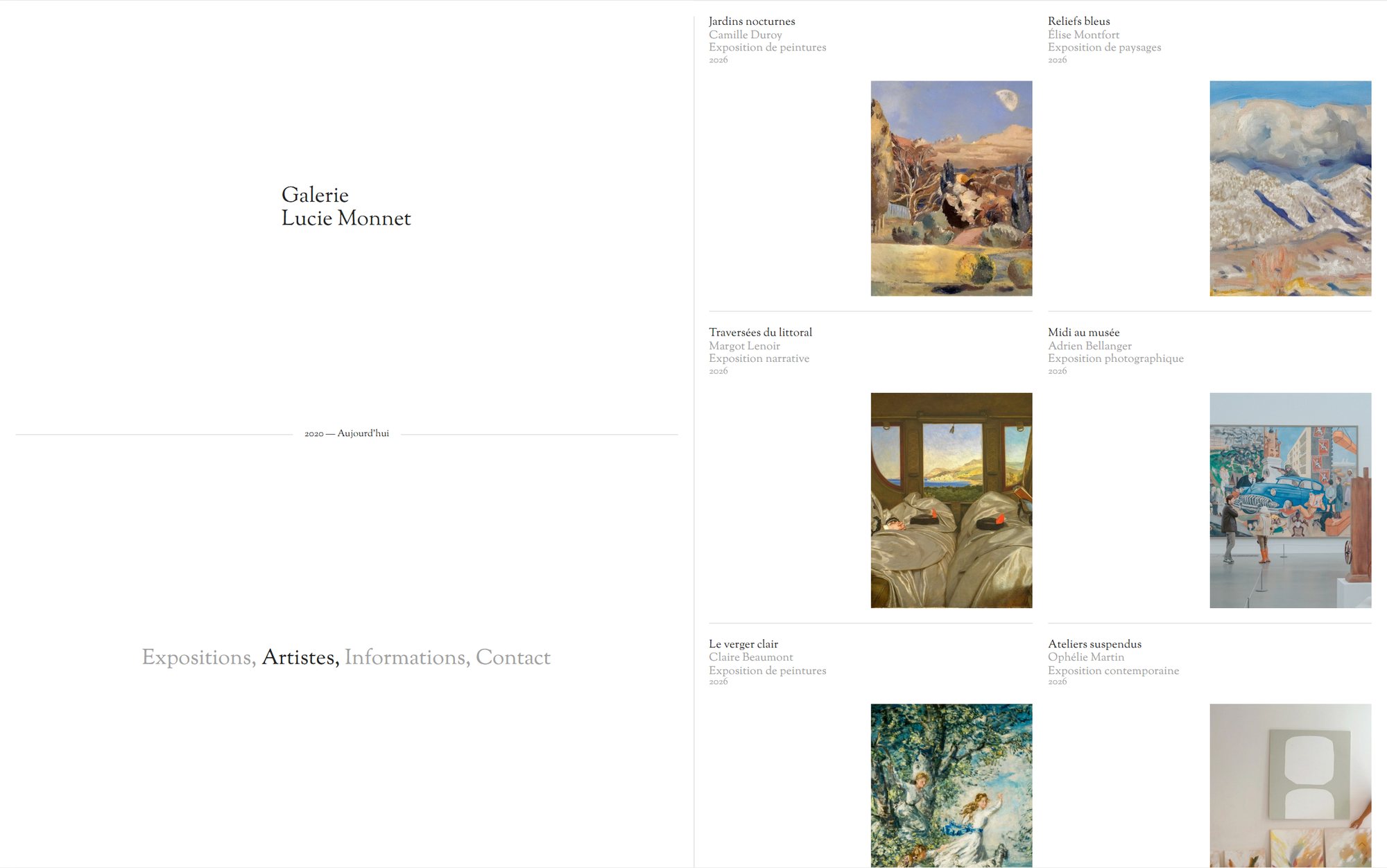Webdesign mockup (Galerie Lucie Monnet): kunstenaarspagina van de website van Galerie Lucie Monnet: tentoonstellingen per kunstenaar