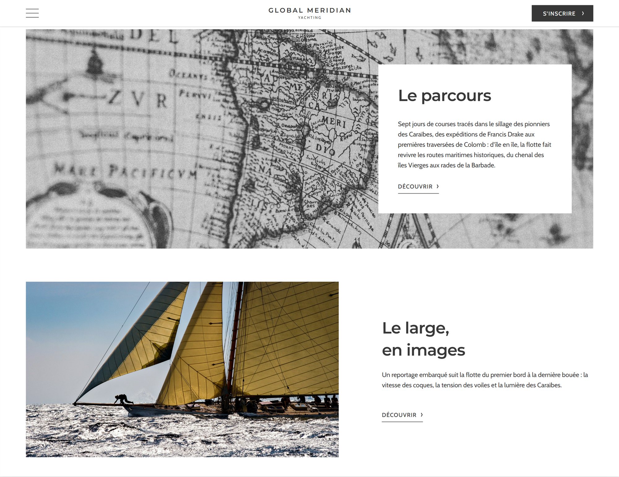 Web design mockup (Global Meridian Yacht): Homepage of the Global Meridian Yacht website: the regatta course inspired by Caribbean explorers on an antique nautical chart