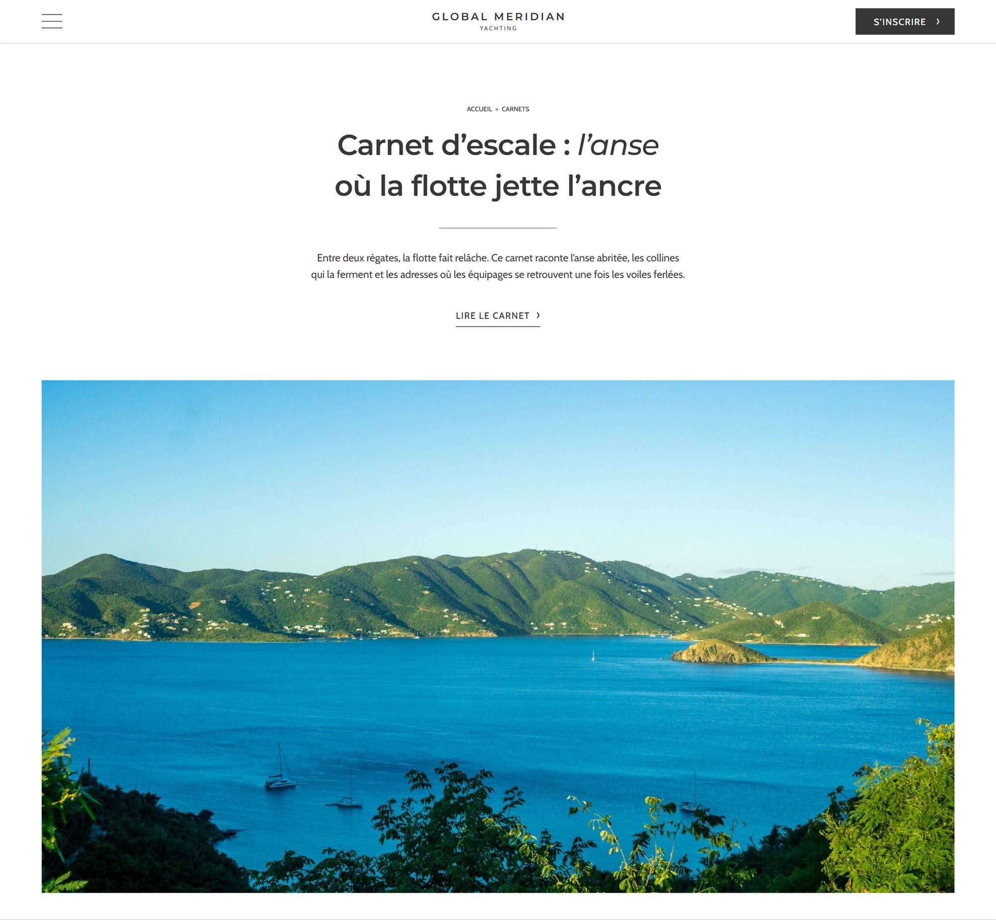 Web design mockup (Global Meridian Yacht): Ports of Call page of the Global Meridian Yacht website: a Caribbean cove at anchor
