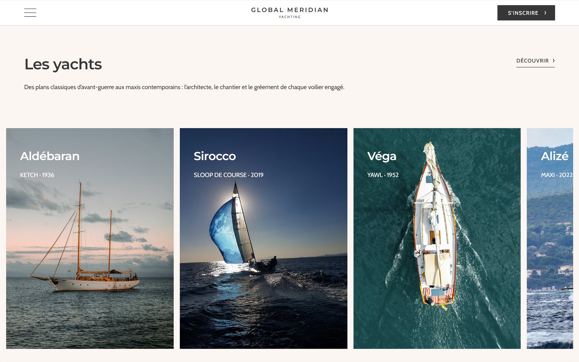Web design mockup (Global Meridian Yacht): The Yachts section of the Global Meridian Yacht website: Aldébaran, Sirocco, Véga, Alizé