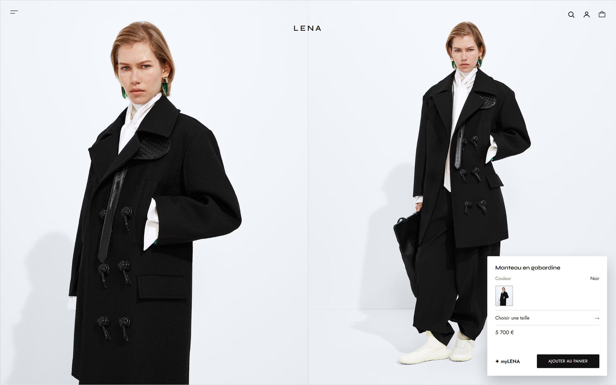 Webdesign mockup (Lena Paris): productpagina van de website van Lena Paris: gabardinemantel, dubbele weergave, maatkiezer en myLENA-stylist