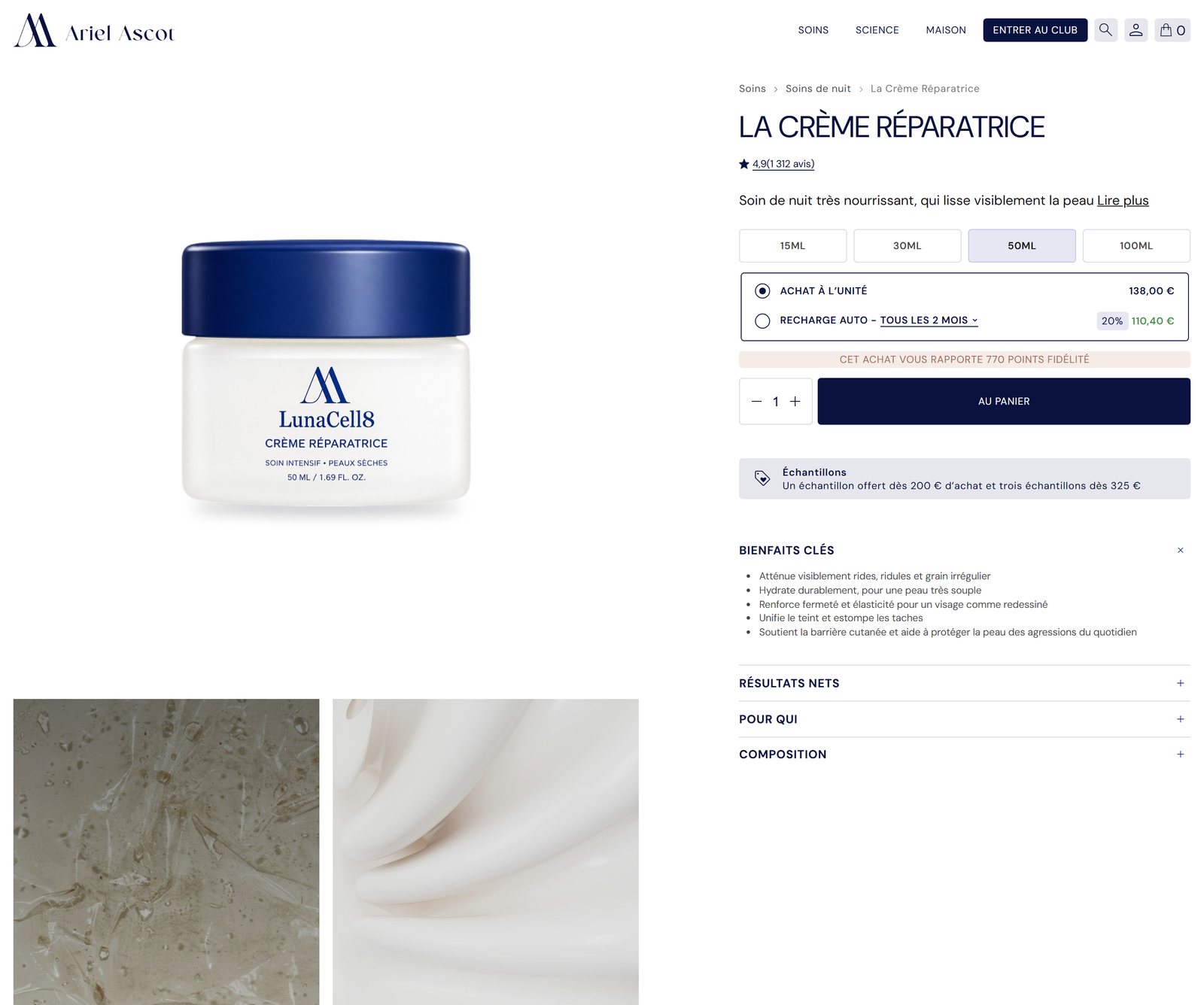 Product page of the Ariel Ascot website: The Recovery Cream, sizes, one-time purchase or refill, full page