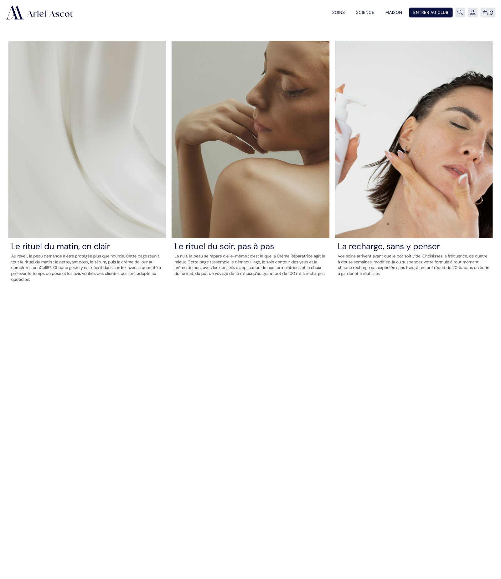 Rituals page of the Ariel Ascot website: morning, evening and refills, full page