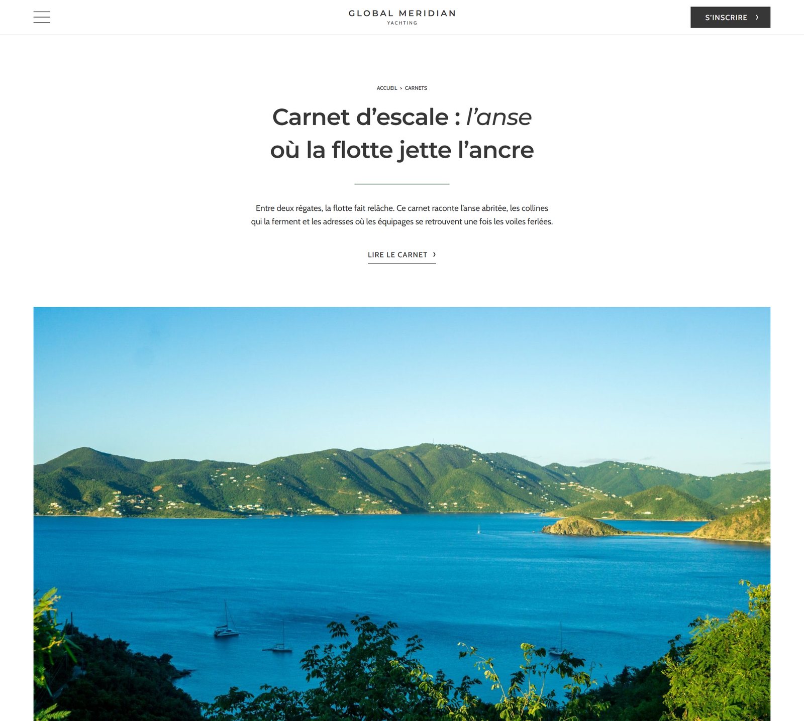 Ports of Call page of the Global Meridian Yacht website: a Caribbean cove at anchor, full page