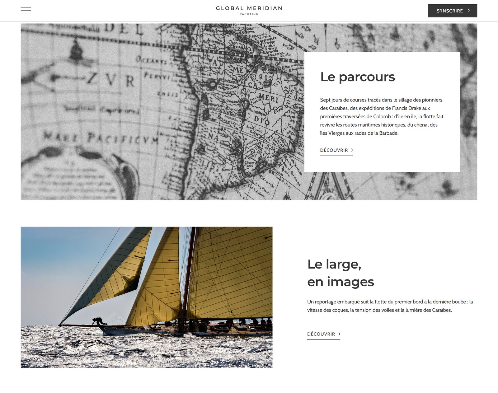 Page d'accueil du site Global Meridian Yacht : le parcours des courses, inspiré des explorateurs des Caraïbes sur une carte marine ancienne, page entière