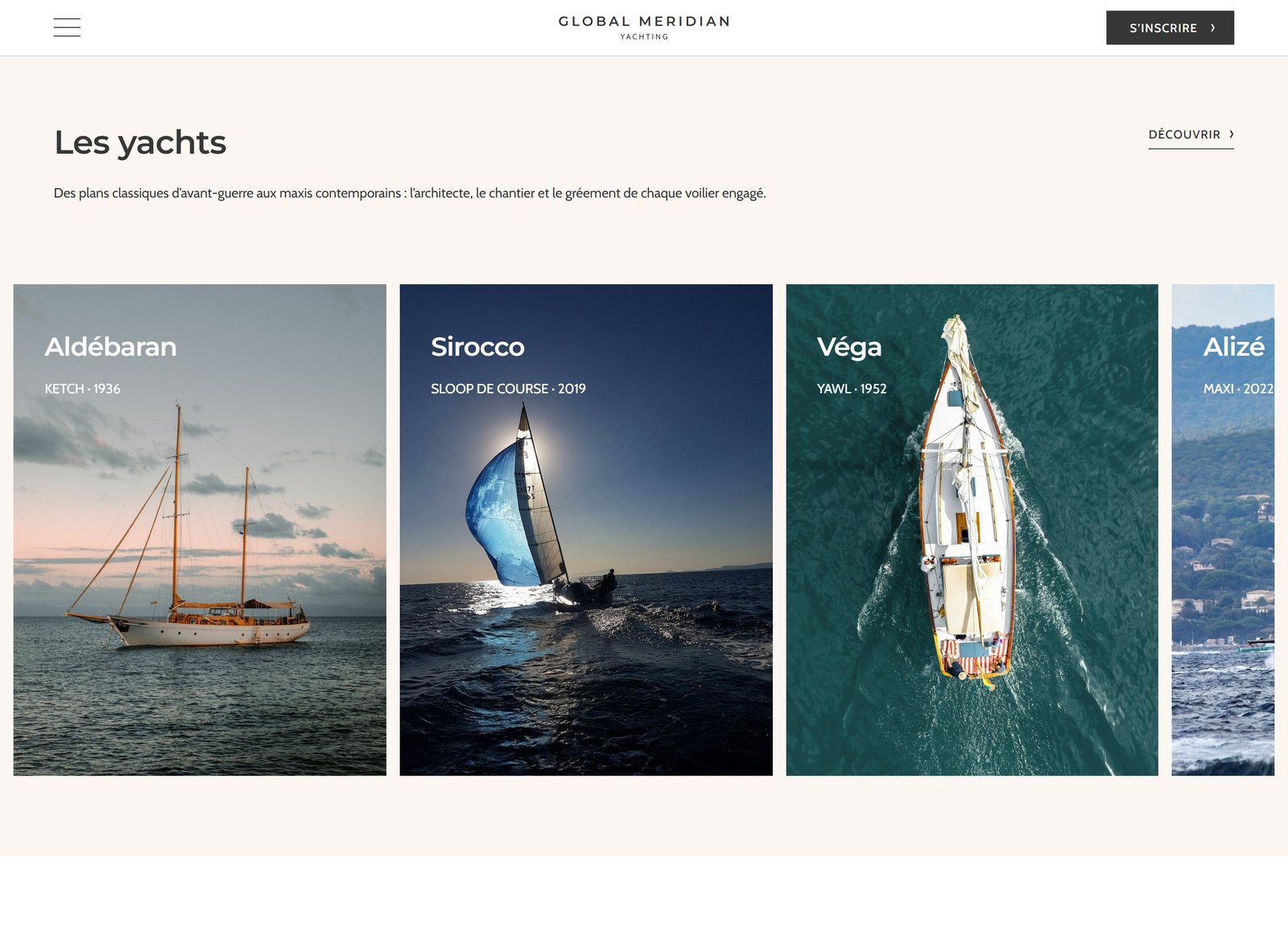 The Yachts section of the Global Meridian Yacht website: Aldébaran, Sirocco, Véga, Alizé, full page