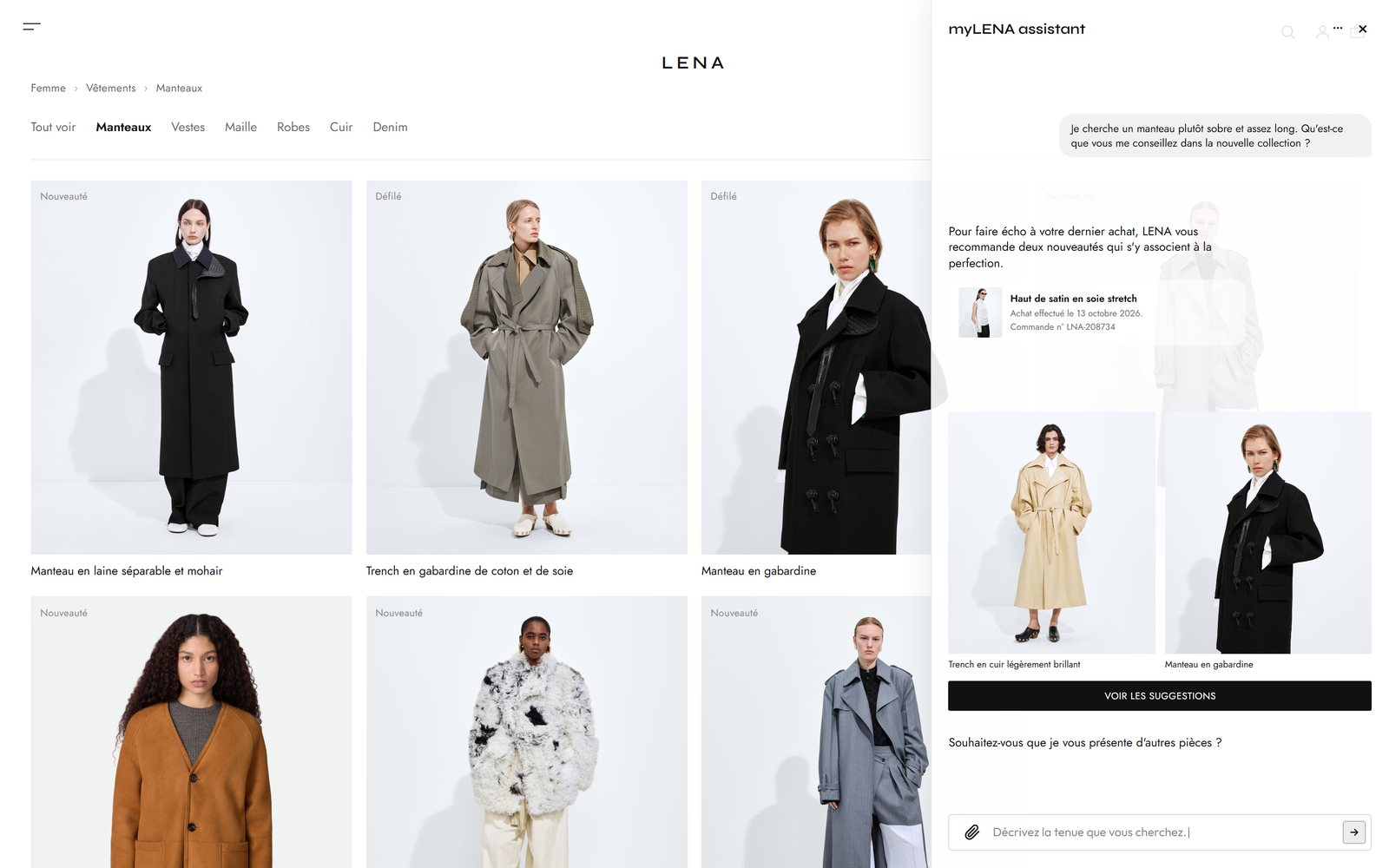 Mantelcollectiepagina van de website van Lena Paris, met de myLENA-winkelassistent, volledige pagina