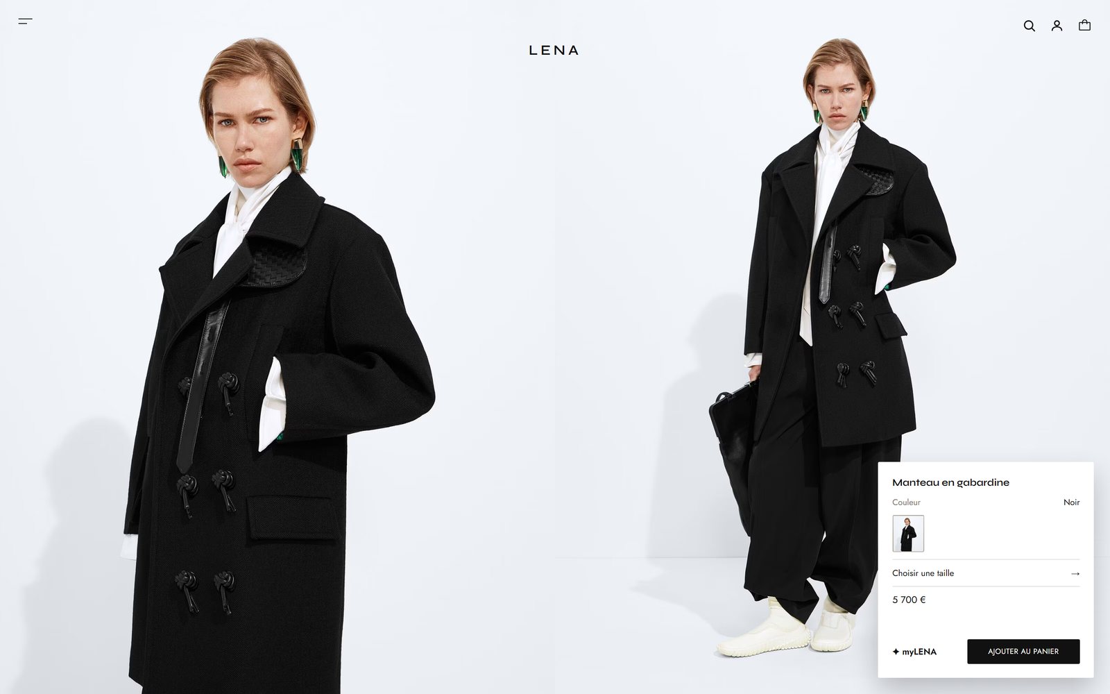 Productpagina van de website van Lena Paris: gabardinemantel, dubbele weergave, maatkiezer en myLENA-stylist, volledige pagina