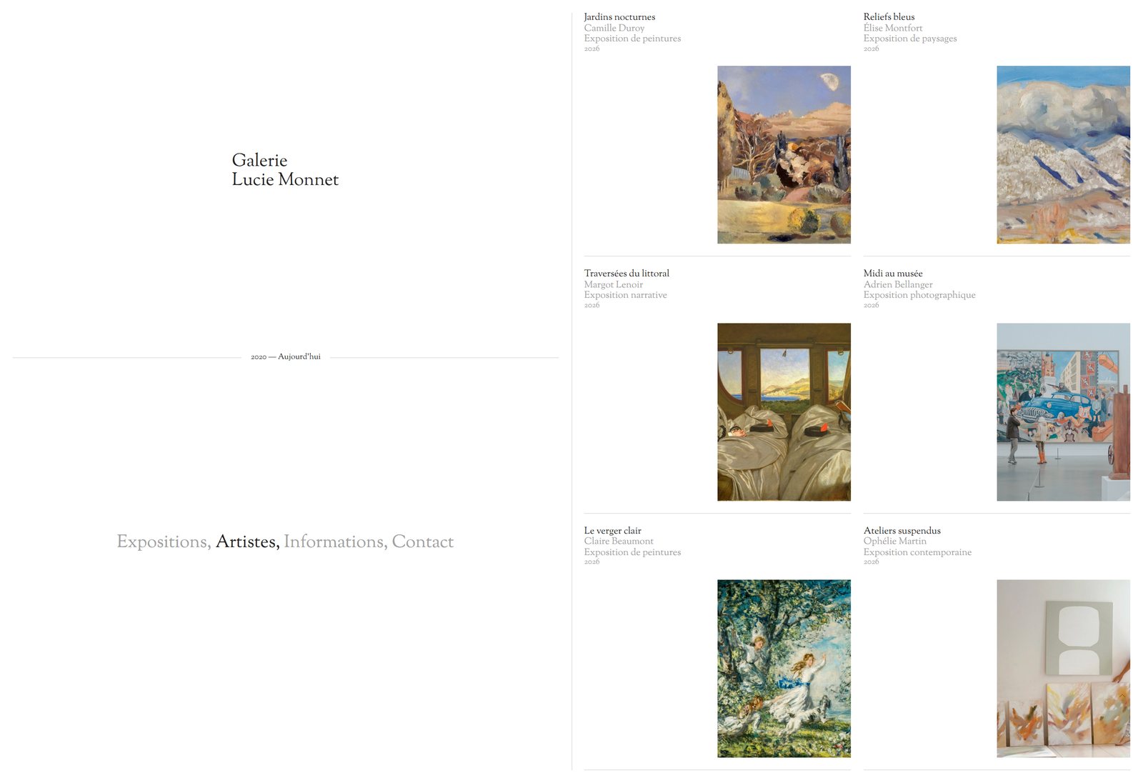 Kunstenaarspagina van de website van Galerie Lucie Monnet: tentoonstellingen per kunstenaar, volledige pagina
