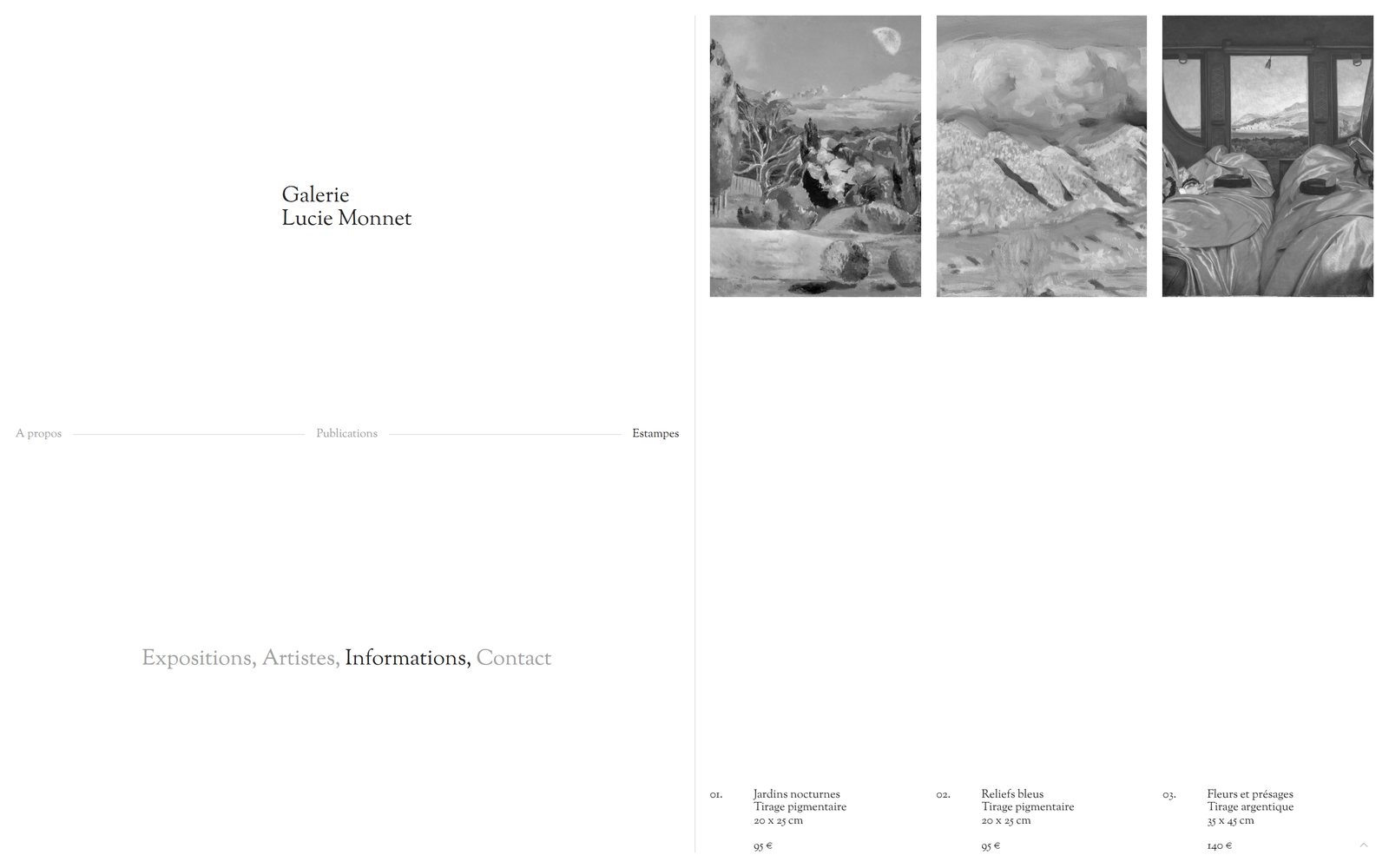 Prentenpagina van de website van Galerie Lucie Monnet: edities, technieken en formaten, volledige pagina