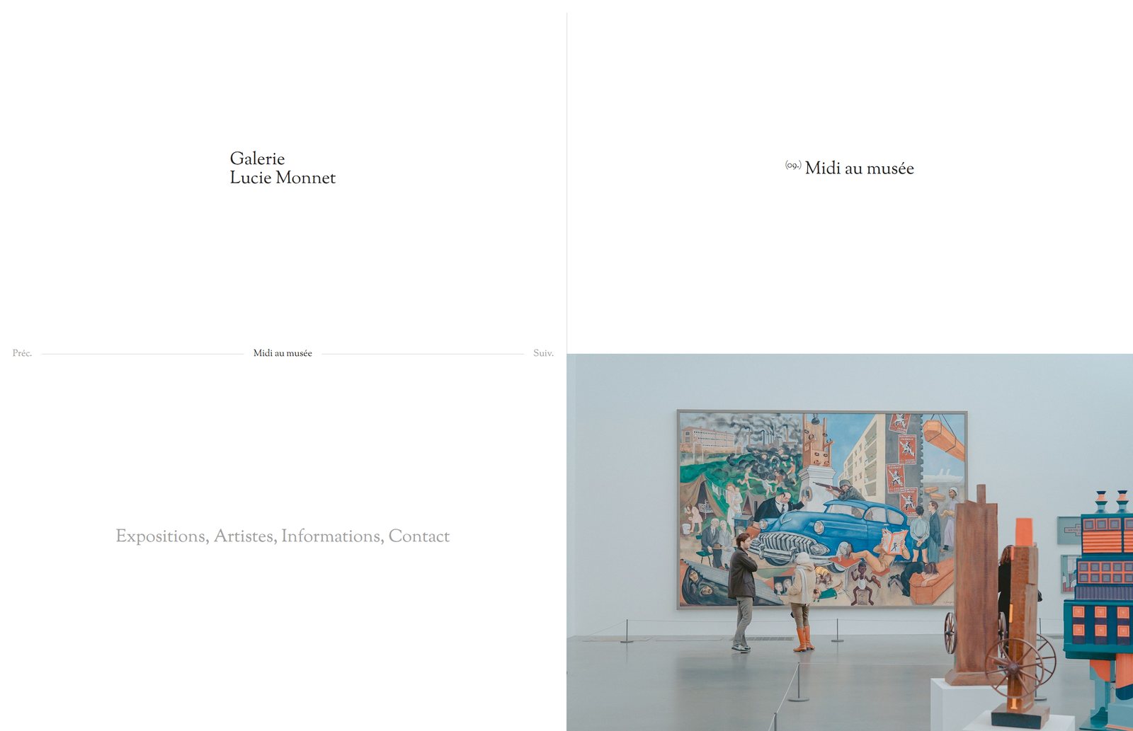 Tentoonstellingspagina van de website van Galerie Lucie Monnet: Middag in het Museum, zaalaanzicht, volledige pagina