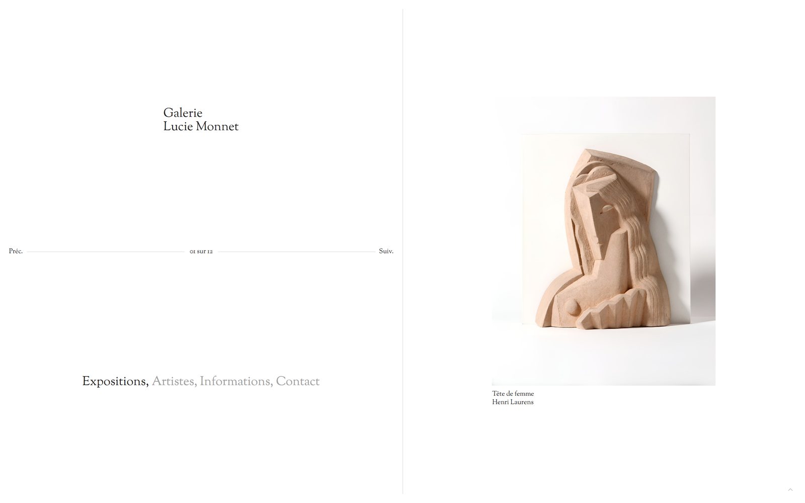 Homepagina van de website van Galerie Lucie Monnet: Vrouwenhoofd, Henri Laurens, volledige pagina
