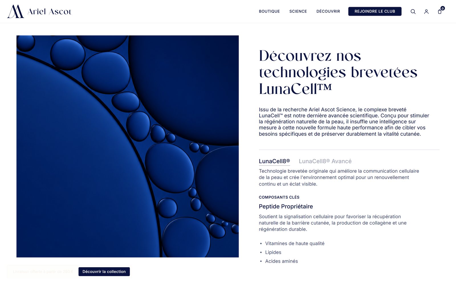 Page Science du site Ariel Ascot : technologies brevetées LunaCell, page entière