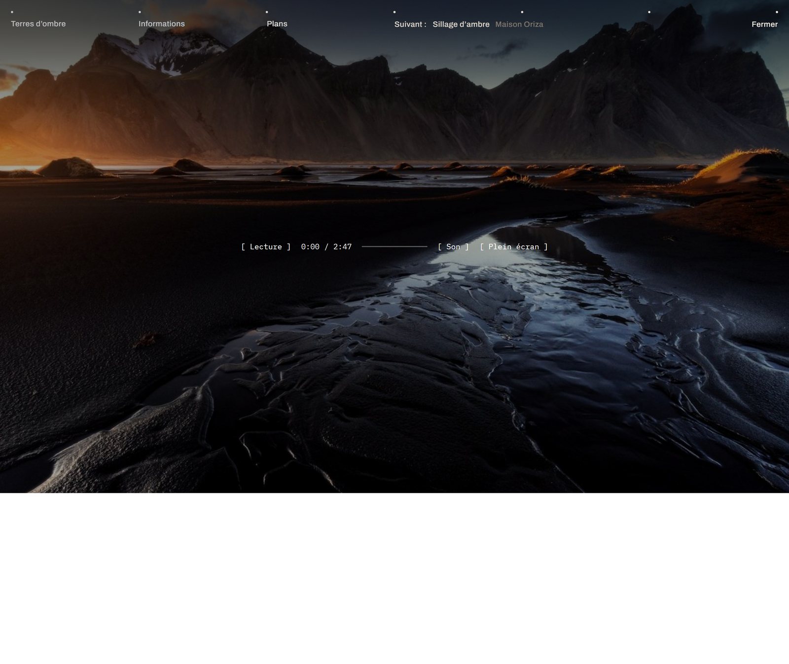Film page of the Studio 47 website: full-screen player over sunset mountainscape, full page