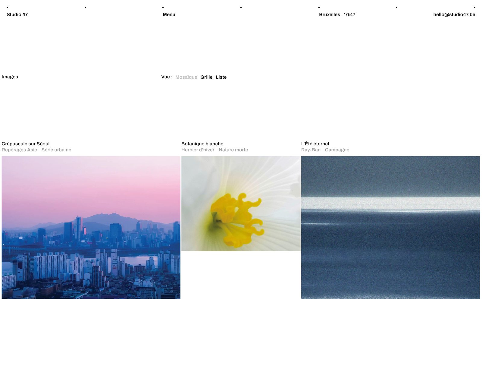 Photography page of the Studio 47 website: three series in mosaic view, full page