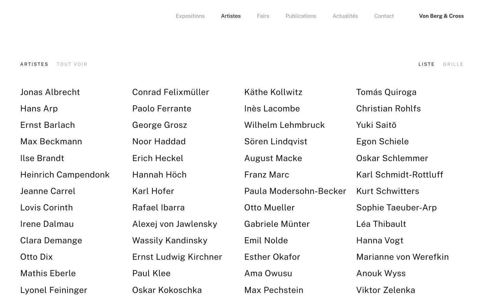 Artists page of the Von Berg & Cross website: four-column artists roster, full page