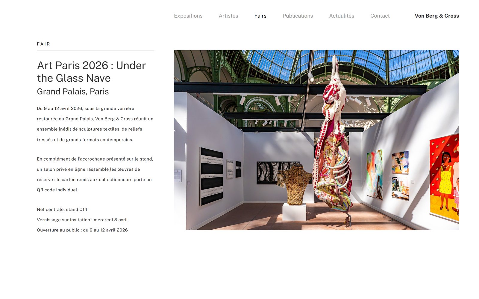 Fair page on the Von Berg & Cross website: Art Paris 2026 at the Grand Palais, Paris, full page