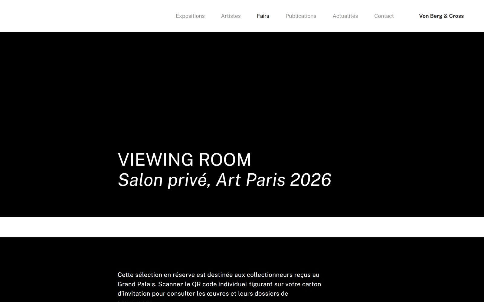 Private Viewing Room entrance on the Von Berg & Cross website: Private Salon, Art Paris 2026, invitation access by QR code, full page