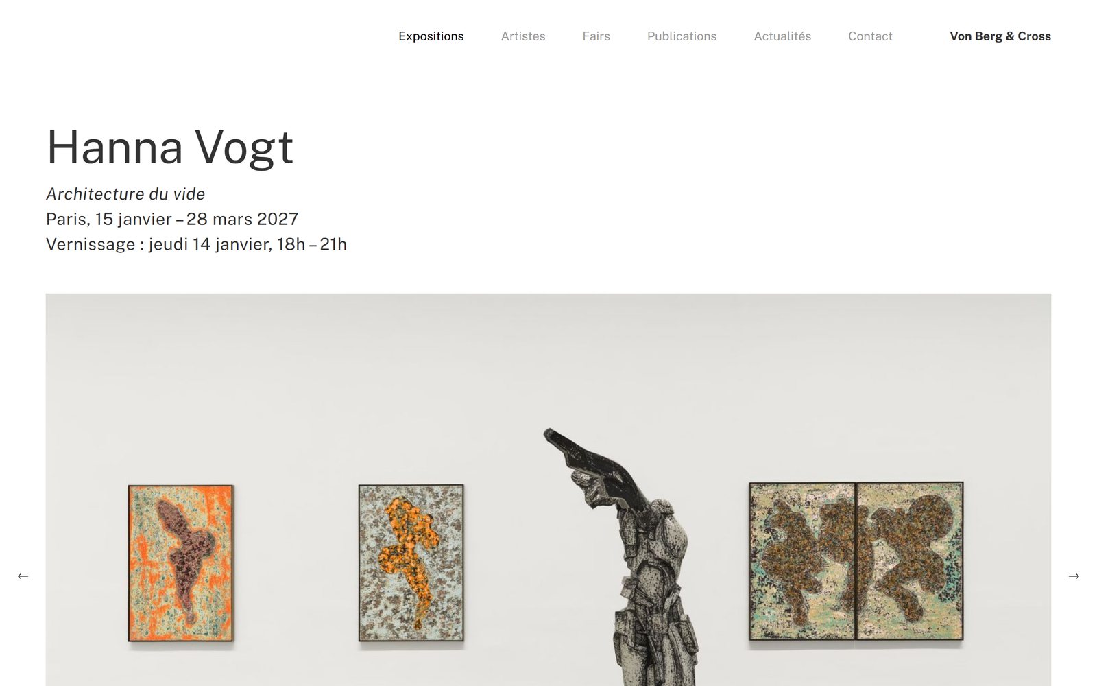 Exhibition page of the Von Berg & Cross website: Hanna Vogt, 'Architecture of the Void', exhibition view, full page